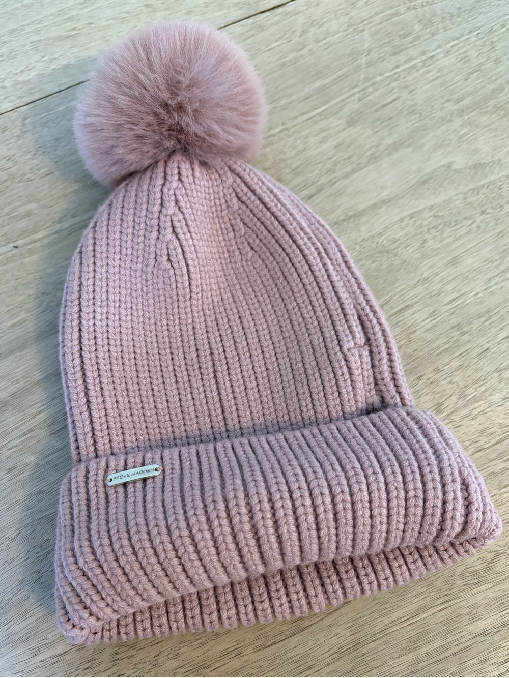 Steve Madden Cuffed Beanie with Pompom - Blush